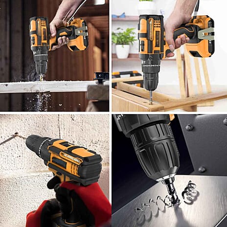 21V Cordless Impact Electric Drill Kit - 35nm Torque - Dual Battery - Black - Yellow